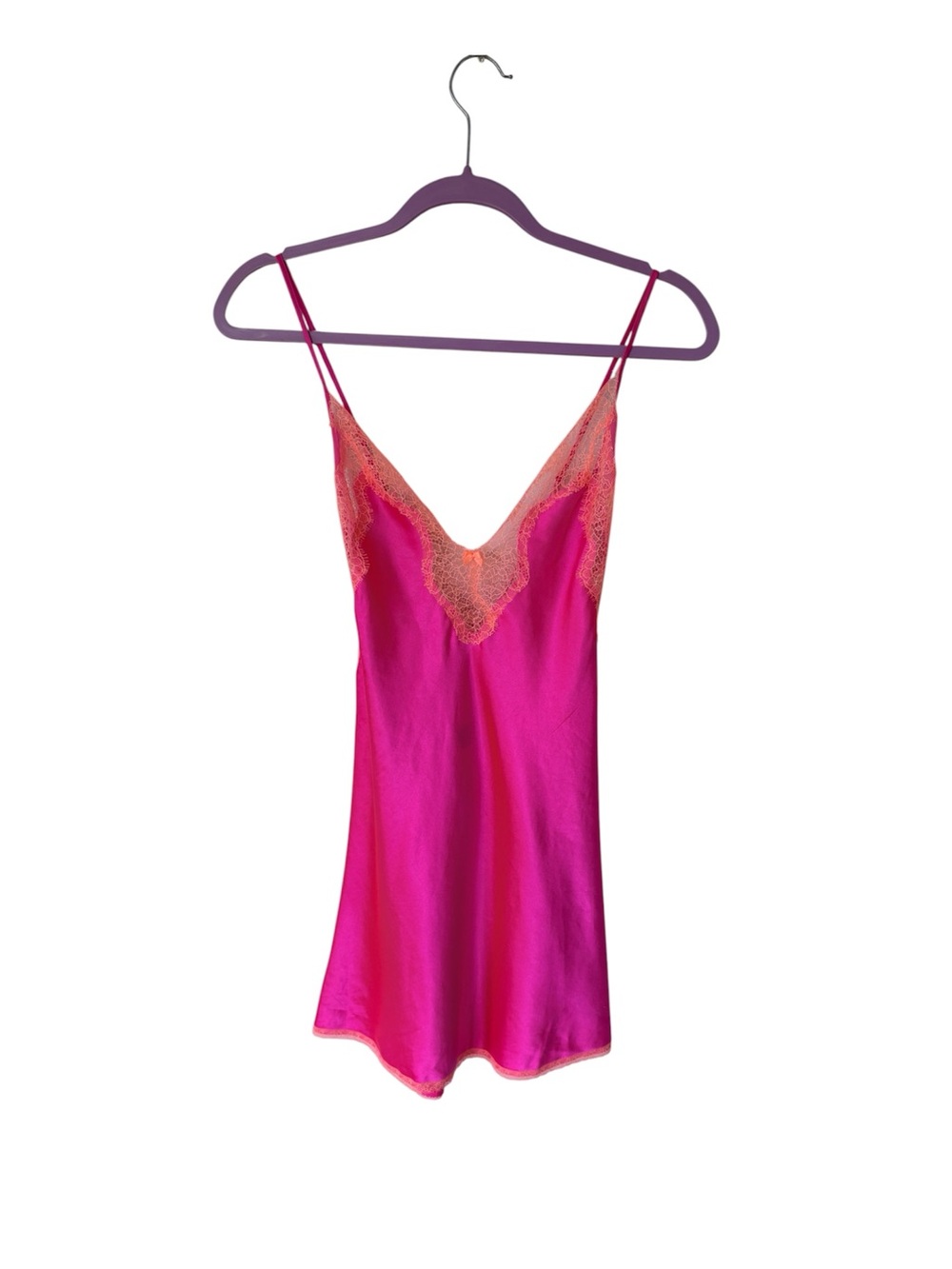 Victoria Secret Hot Pink Satin Slip Dress with Coral Lace Trim